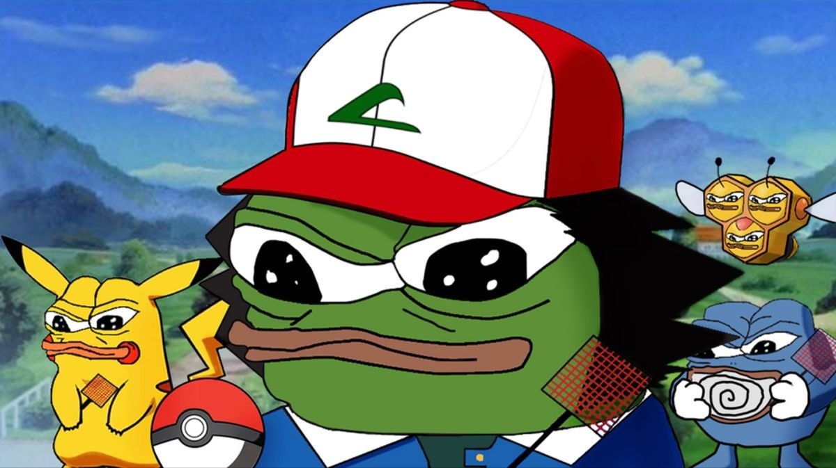 Pepe styled as Ash in a Pokemon scene.